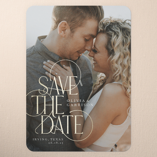 Peaceful Penmanship Save The Date, White, Gold Foil, 5x7 Flat, Pearl Shimmer Cardstock, Rounded, White