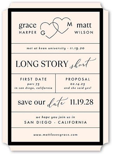 Marriage Tale Save The Date, Pink, 5x7 Flat, Pearl Shimmer Cardstock, Ticket, White