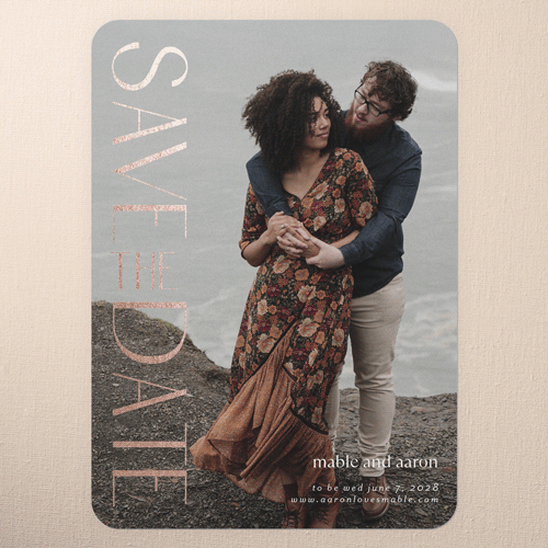 Upright Headline Save The Date, Rose Gold Foil, White, 5x7 Flat, Pearl Shimmer Cardstock, Rounded, White