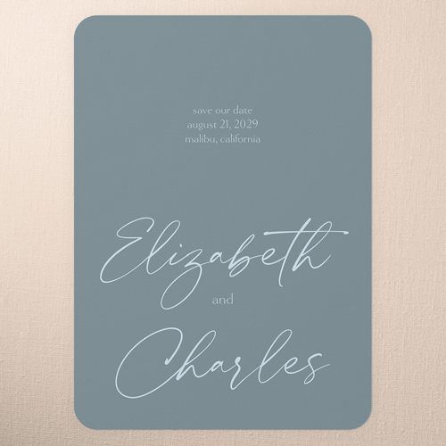 Minimal Muse Save The Date, Blue, 5x7 Flat, Pearl Shimmer Cardstock, Rounded, Powder Blue