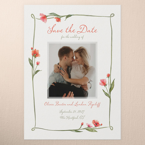 Watercolor Thread Save The Date, Orange, 5x7 Flat, 100% Recycled Cardstock , Square, Blaze