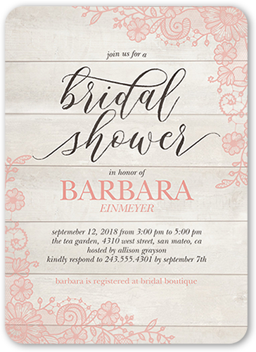 Lovely Lace Frame Bridal Shower Invitation, Pink, Pearl Shimmer Cardstock, Rounded