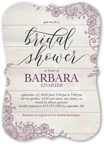 Lovely Lace Frame Bridal Shower Invitation, Purple, Matte, Signature Smooth Cardstock, Bracket
