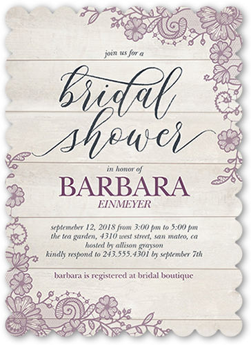 Lovely Lace Frame Bridal Shower Invitation, Purple, Pearl Shimmer Cardstock, Scallop