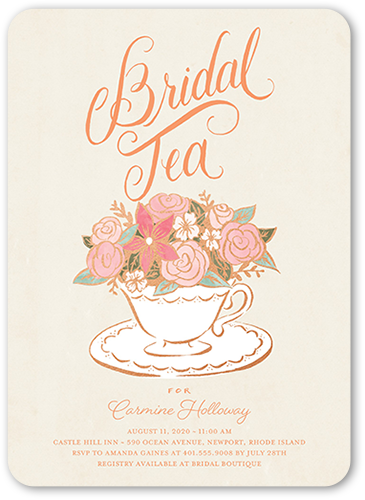 Floral Teacup Bridal Shower Invitation, Beige, Standard Smooth Cardstock, Rounded