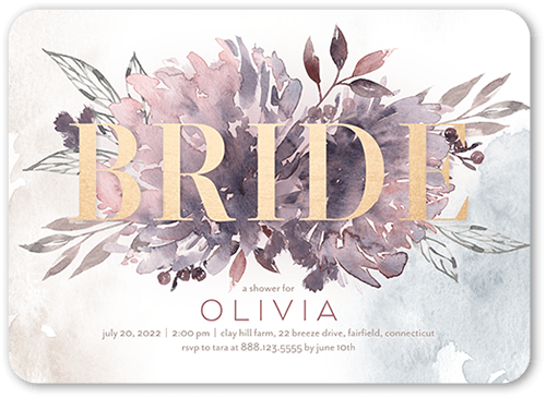 Watercolor Flowers Bridal Shower Invitation, Purple, 5x7 Flat, Pearl Shimmer Cardstock, Rounded