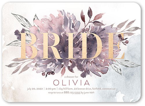 Watercolor Flowers Bridal Shower Invitation, Purple, 5x7 Flat, 100% Recycled Cardstock , Rounded