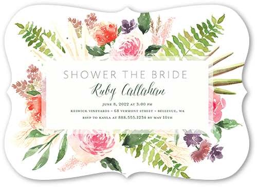 Bouquet Fringe Bridal Shower Invitation, White, 5x7 Flat, Pearl Shimmer Cardstock, Bracket