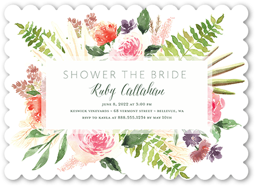 Bouquet Fringe Bridal Shower Invitation, White, 5x7 Flat, Pearl Shimmer Cardstock, Scallop, White