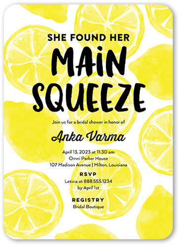 Main Squeeze Bridal Shower Invitation, Yellow, 5x7 Flat, Pearl Shimmer Cardstock, Rounded