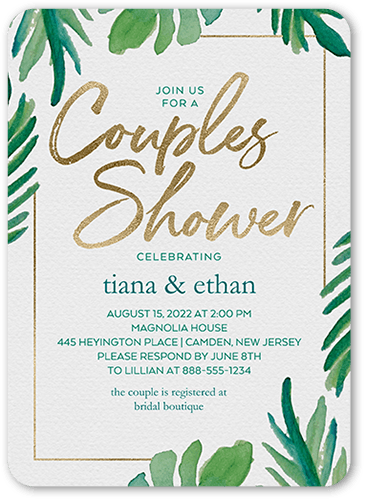 Coupled Leaves Bridal Shower Invitation, Green, 5x7 Flat, Pearl Shimmer Cardstock, Rounded