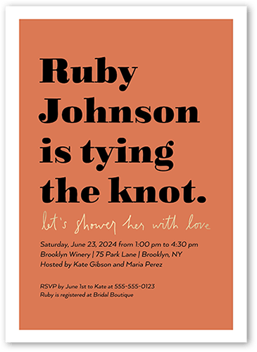 Celebrate The Tying Bridal Shower Invitation, Orange, 5x7 Flat, 100% Recycled Cardstock , Square, Sedona