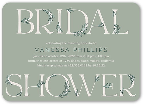 Green Floral Bridal Bridal Shower Invitation, Green, 5x7 Flat, 100% Recycled Cardstock , Rounded, Green