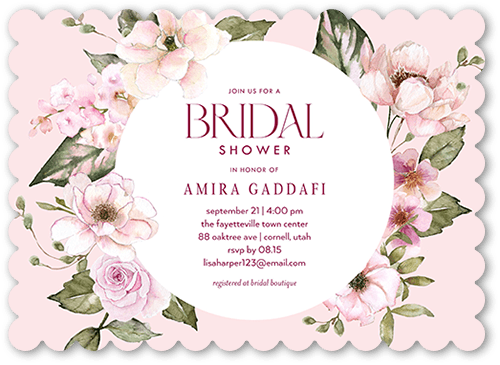 All Around Floral Bridal Shower Invitation, Pink, 5x7, Pearl Shimmer Cardstock, Scallop