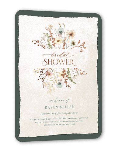 Wild Greenery Bridal Shower Invitation, Rose Gold Foil, Green, 5x7 Flat, Pearl Shimmer Cardstock, Rounded