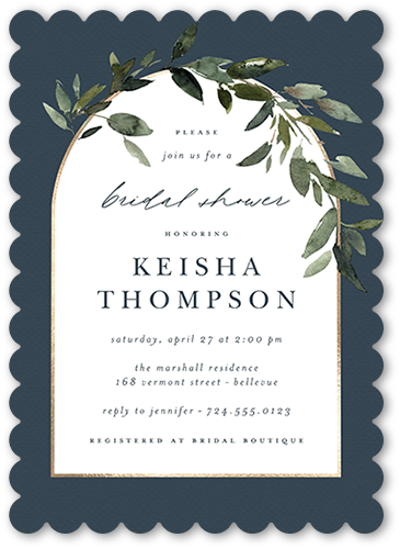 Wreathed Archway Bridal Shower Invitation, Blue, 5x7, Pearl Shimmer Cardstock, Scallop