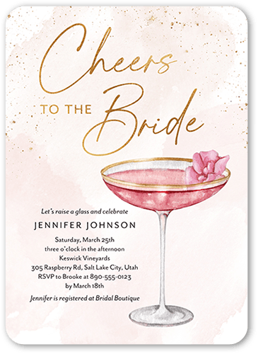 Cheers To The Bride Bridal Shower Invitation, Pink, 5x7 Flat, 100% Recycled Cardstock , Rounded, Taffy