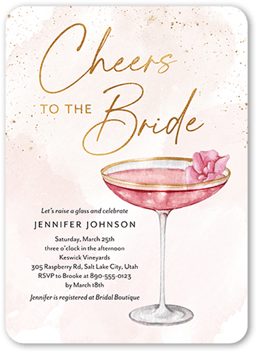 Cheers To The Bride Bridal Shower Invitation, Pink, 5x7 Flat, 100% Recycled Cardstock ?, Rounded