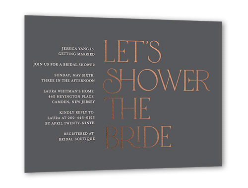 For The Bride Bridal Shower Invitation, Gray, Rose Gold Foil, 5x7 Flat, Pearl Shimmer Cardstock, Square, Gray