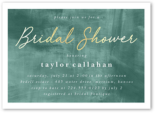 Brushed Bold Color Bridal Shower Invitation, Green, 5x7 Flat, 100% Recycled Cardstock , Square, Green
