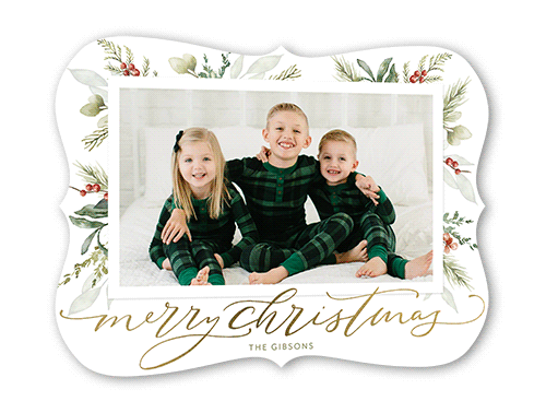 Magnificent Mistletoe Holiday Card, Gold Foil, White, 5x7, Christmas, Pearl Shimmer Cardstock, Bracket