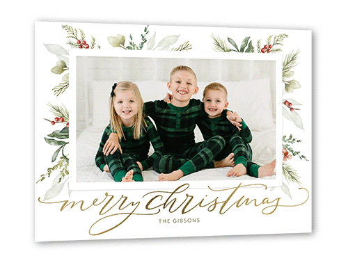Magnificent Mistletoe Holiday Card, Gold Foil, White, 5x7, Christmas, Pearl Shimmer Cardstock, Square