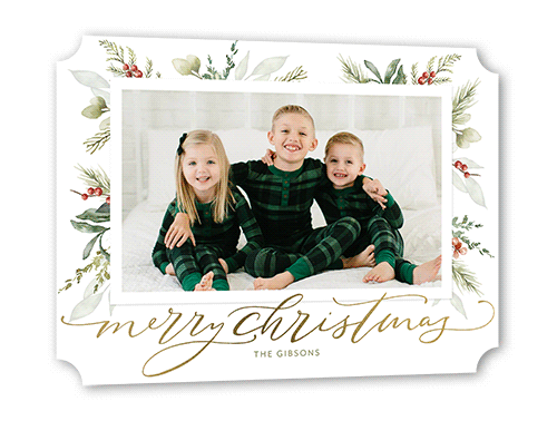 Magnificent Mistletoe Holiday Card, Gold Foil, White, 5x7, Christmas, Pearl Shimmer Cardstock, Ticket