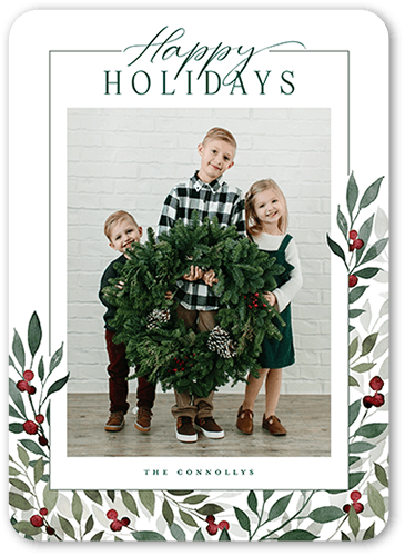Beaming Berries Holiday Card, White, none, 5x7 Flat, Holiday, Pearl Shimmer Cardstock, Rounded, White