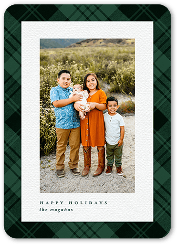 Intricate Plaid Holiday Card, Green, 5x7 Flat, Write Your Own Greeting, Pearl Shimmer Cardstock, Rounded