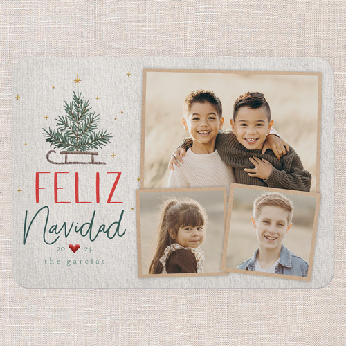 Embroidered Tree Holiday Card, Grey, 5x7 Flat, Feliz Navidad, Pearl Shimmer Cardstock, Rounded