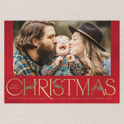 Art Deco Evergreen Holiday Card, Red, 5x7 Flat, Christmas, Pearl Shimmer Cardstock, Square, Red