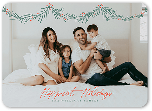 Holly Garland Holiday Card, Red, 5x7 Flat, Holiday, Pearl Shimmer Cardstock, Rounded