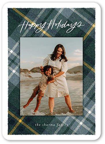 Plaid Photo Frame Holiday Card, Blue, 5x7, Holiday, Matte, Signature Smooth Cardstock, Rounded