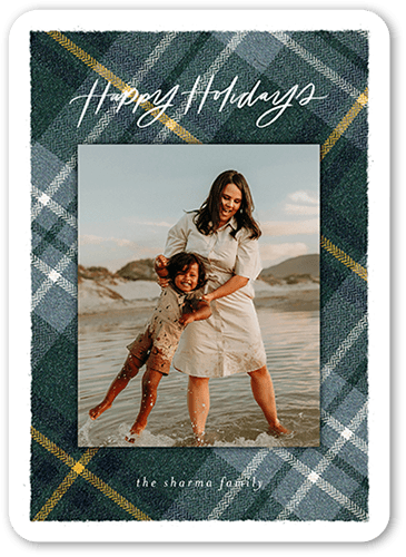 Plaid Photo Frame Holiday Card, Blue, 5x7 Flat, Holiday, Matte, Signature Smooth Cardstock, Rounded, Deep Sea