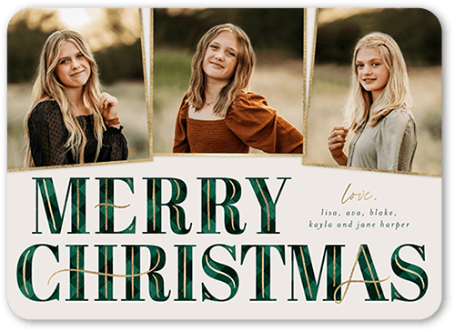 Art Deco Plaid Holiday Card, Green, 5x7 Flat, Christmas, Pearl Shimmer Cardstock, Rounded, Spruce