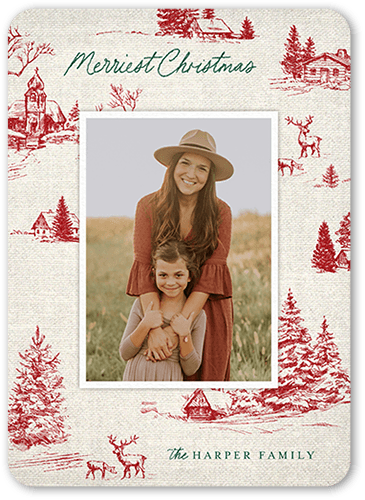 Vintage Cabin Holiday Card, Red, 5x7 Flat, Christmas, Pearl Shimmer Cardstock, Rounded
