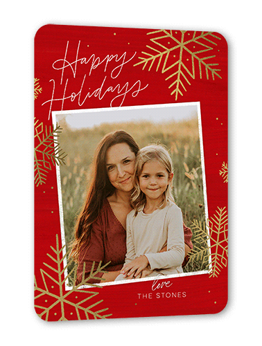 Rustic Foil Snowflakes Holiday Card, Red, Gold Foil, 5x7 Flat, Holiday, Matte, Signature Smooth Cardstock, Rounded, Firecracker