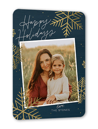 Rustic Foil Snowflakes Holiday Card, Blue, Gold Foil, 5x7 Flat, Holiday, Pearl Shimmer Cardstock, Rounded, Midnight