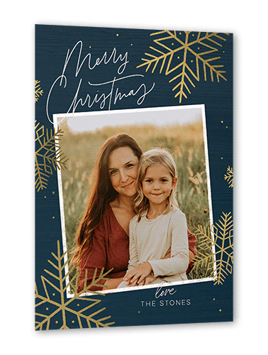 Rustic Foil Snowflakes Holiday Card, Blue, Gold Foil, 5x7 Flat, Christmas, Pearl Shimmer Cardstock, Square, Midnight