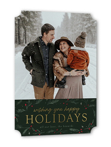 Holly Wishes Holiday Card, Gold Foil, Green, 5x7 Flat, Holiday, Pearl Shimmer Cardstock, Ticket