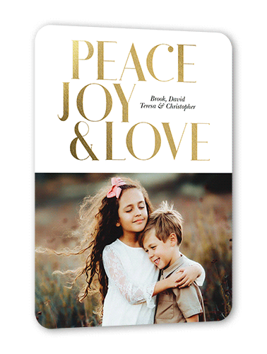 Joyous Love Holiday Card, Gold Foil, White, 5x7 Flat, Holiday, Pearl Shimmer Cardstock, Rounded