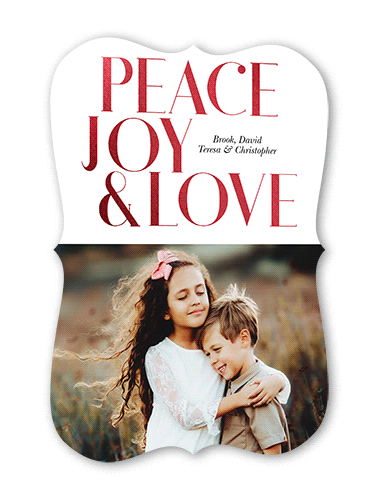 Joyous Love Holiday Card, White, Red Foil, 5x7 Flat, Holiday, Pearl Shimmer Cardstock, Bracket, White