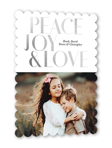 Joyous Love Holiday Card, Silver Foil, White, 5x7 Flat, Holiday, Pearl Shimmer Cardstock, Scallop