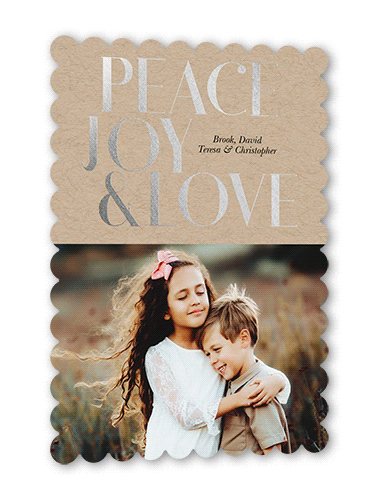 Joyous Love Holiday Card, Silver Foil, Beige, 5x7, Holiday, Pearl Shimmer Cardstock, Scallop