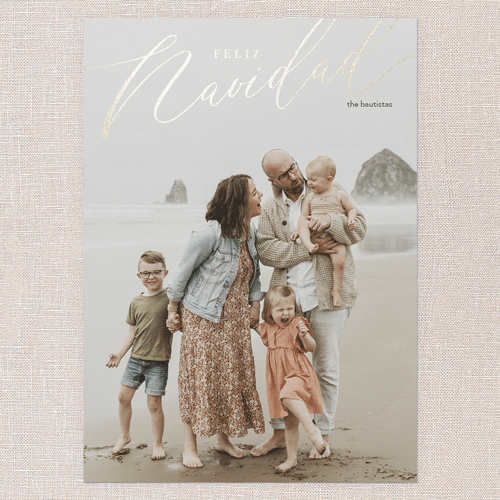 Foil Holiday Header Holiday Card, White, Gold Foil, 5x7 Flat, Feliz Navidad, Pearl Shimmer Cardstock, Square, White