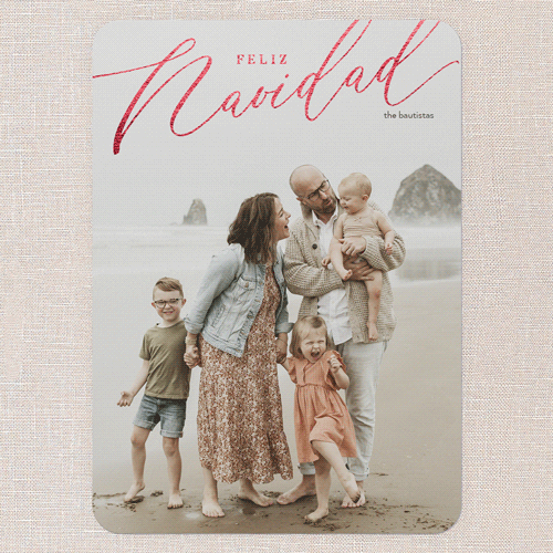 Foil Holiday Header Holiday Card, White, Red Foil, 5x7 Flat, Feliz Navidad, Pearl Shimmer Cardstock, Rounded, White