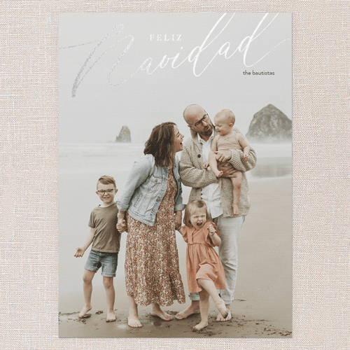 Foil Holiday Header Holiday Card, White, Silver Foil, 5x7 Flat, Feliz Navidad, Pearl Shimmer Cardstock, Square, White