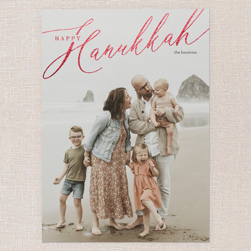 Foil Holiday Header Holiday Card, White, Red Foil, 5x7 Flat, Hanukkah, Pearl Shimmer Cardstock, Square, White