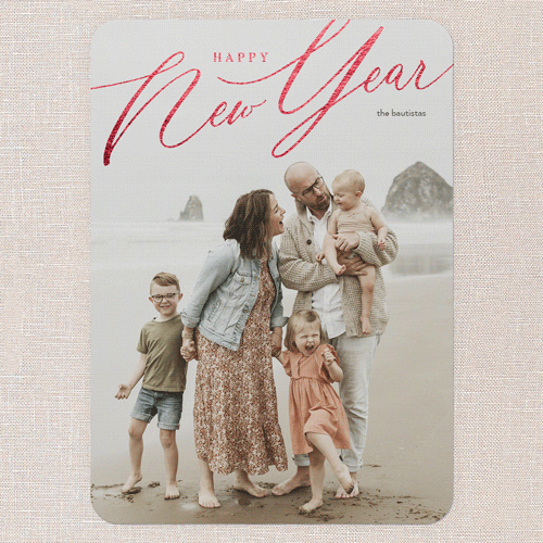 Foil Holiday Header Holiday Card, White, Red Foil, 5x7 Flat, New Year, Pearl Shimmer Cardstock, Rounded, White