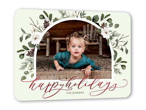 Foil Botanical Arch Holiday Card, Green, Red Foil, 5x7 Flat, Holiday, Pearl Shimmer Cardstock, Rounded